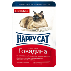 Влажный корм Happy Cat для стерилизованных кошек в виде кусочков в желе с говядиной 0,1 кг