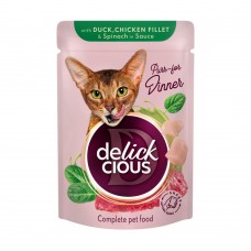 Влажный корм Delickcious кусочки с уткой, куриным филе и шпинатом в соусе 12 шт х 85 г