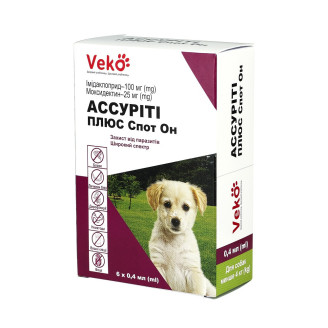 Купити VEKO Ассуріті Плюс Спот Он для собак до 4 кг (6 х 0,4 мл; пак) від Veko — Краплі від бліх, кліщів та гельмінтів для собак | Zooprostir