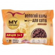 Мій чемпіонвологий корм Пауч для котів шматочки з Куркою та Індичкою 4 х 100г (Х/14/1008)