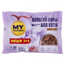 Мій чемпіонвологий корм Пауч для котів шматочки з Куркою та Телятиною 4 х 100г (Х/14/1008)