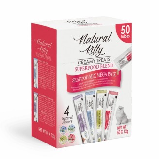 Natural Kitty Creamy Treat Mega Pack Набор крем-снеков для кошек на рыбной основе, 50 шт.х12 г (4 вкуса) от Pettric Pet Food