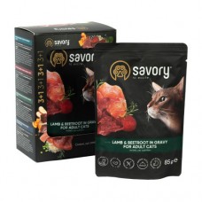 Набор влажных кормов Savory "3+1" для взрослых кошек, ягненок со свеклой в соусе, паучи, 4 шт 85 г