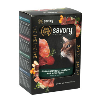Набор влажных кормов Savory "3+1" для взрослых кошек, ягненок со свеклой в соусе, паучи, 4 шт 85 г от Savory