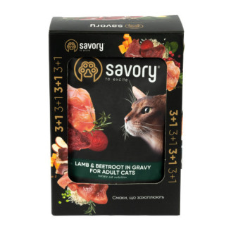 Набор влажных кормов Savory "3+1" для взрослых кошек, ягненок со свеклой в соусе, паучи, 4 шт 85 г от Savory
