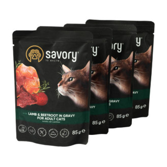 Набор влажных кормов Savory "3+1" для взрослых кошек, ягненок со свеклой в соусе, паучи, 4 шт 85 г от Savory
