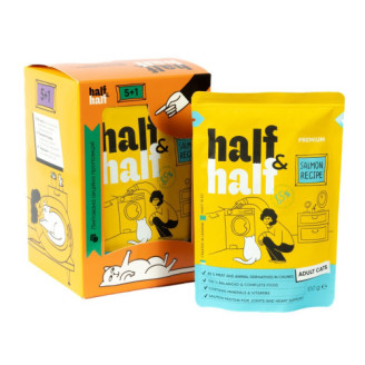Набор влажных кормов Half&Half "5+1" для взрослых кошек, кусочки с лососем в желе, паучи, 6 шт*100 г от
