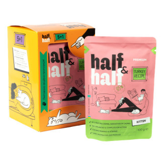 Набор влажных кормов Half&Half "5+1" для котят, кусочки с индейкой в желе, паучи, 6 шт*100 г от