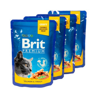 Купити Набір паучів "3+1" для котів Brit Premium Cat pouch з лососем і фореллю, 4 х 100г від — Brit Premium Cat вологий корм | Zooprostir