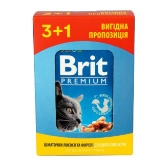 Купити Набір паучів "3+1" для котів Brit Premium Cat pouch з лососем і фореллю, 4 х 100г від — Brit Premium Cat вологий корм | Zooprostir