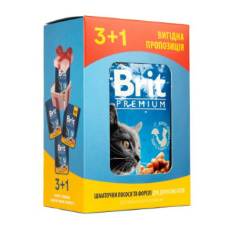 Купити Набір паучів "3+1" для котів Brit Premium Cat pouch з лососем і фореллю, 4 х 100г від — Brit Premium Cat вологий корм | Zooprostir