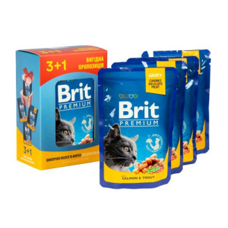 Купити Набір паучів "3+1" для котів Brit Premium Cat pouch з лососем і фореллю, 4 х 100г від — Brit Premium Cat вологий корм | Zooprostir